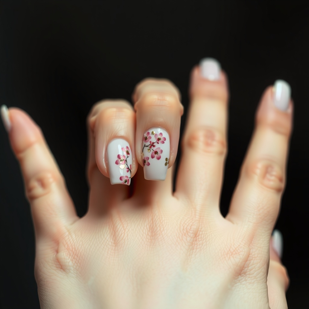 Cherry blossom petals, soft pink and gold foil, almond