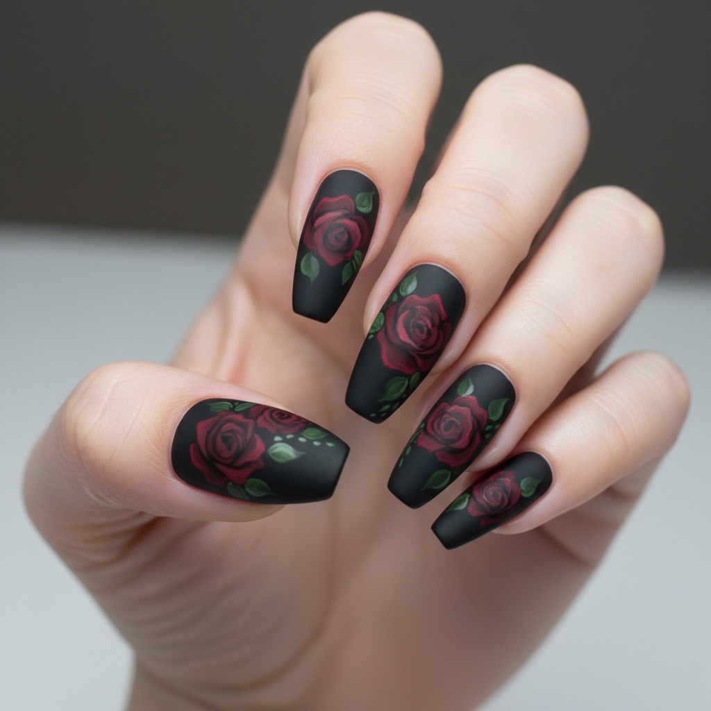 Dark red roses on black matte, coffin shape