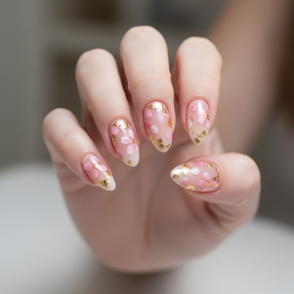 Cherry blossom petals, soft pink and gold foil, almond