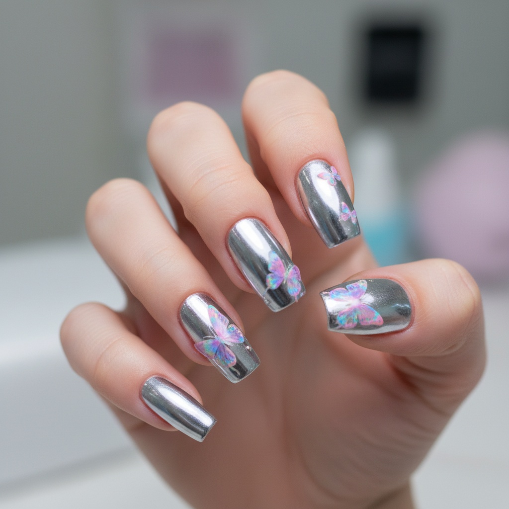 Y2K mirror chrome with butterfly decals, coffin