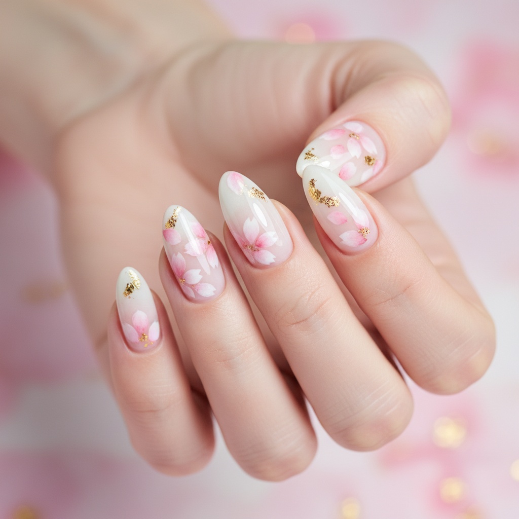 Cherry blossom petals, soft pink and gold foil, almond