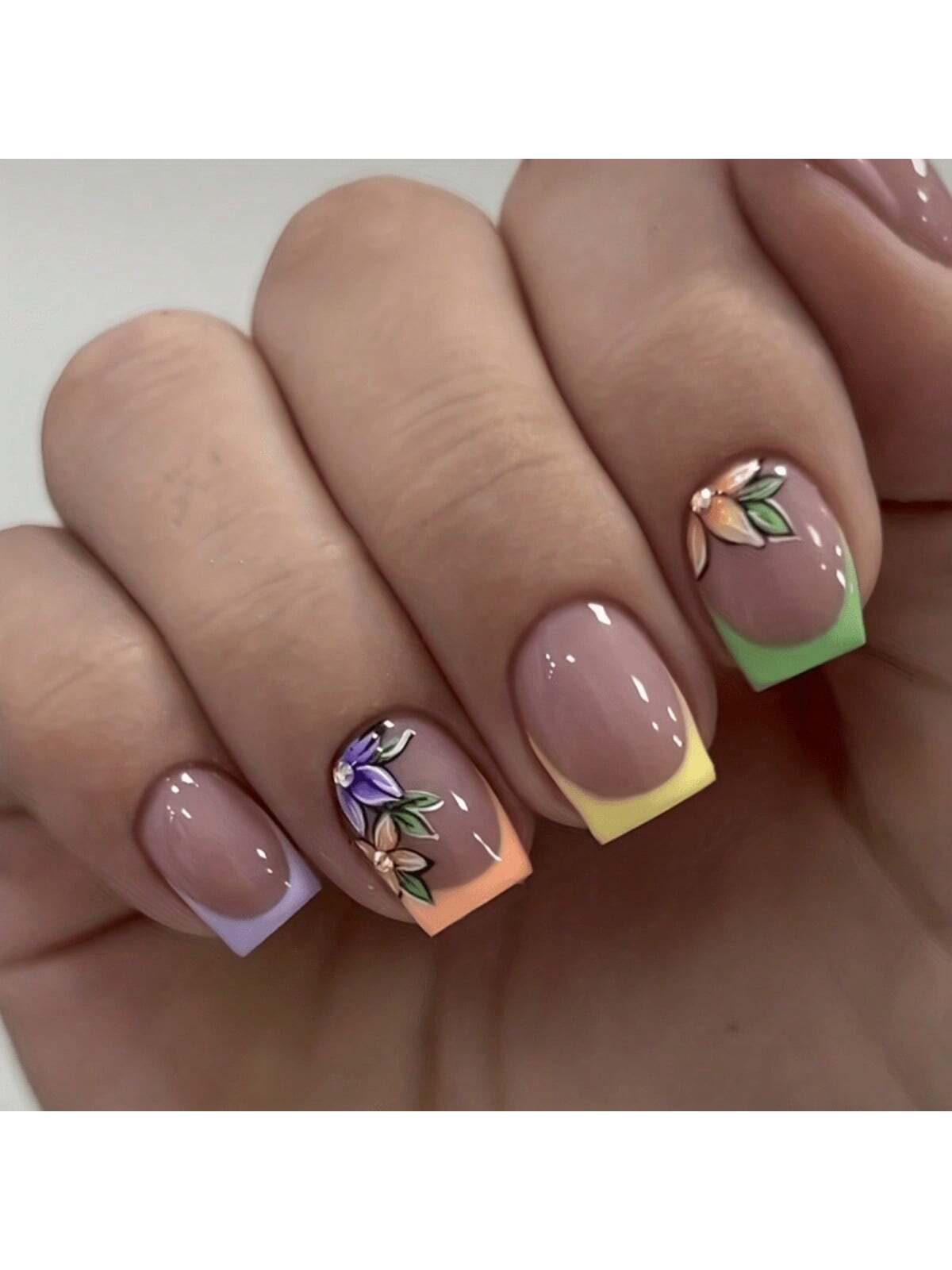 Colorful French Short Square Fake Nails