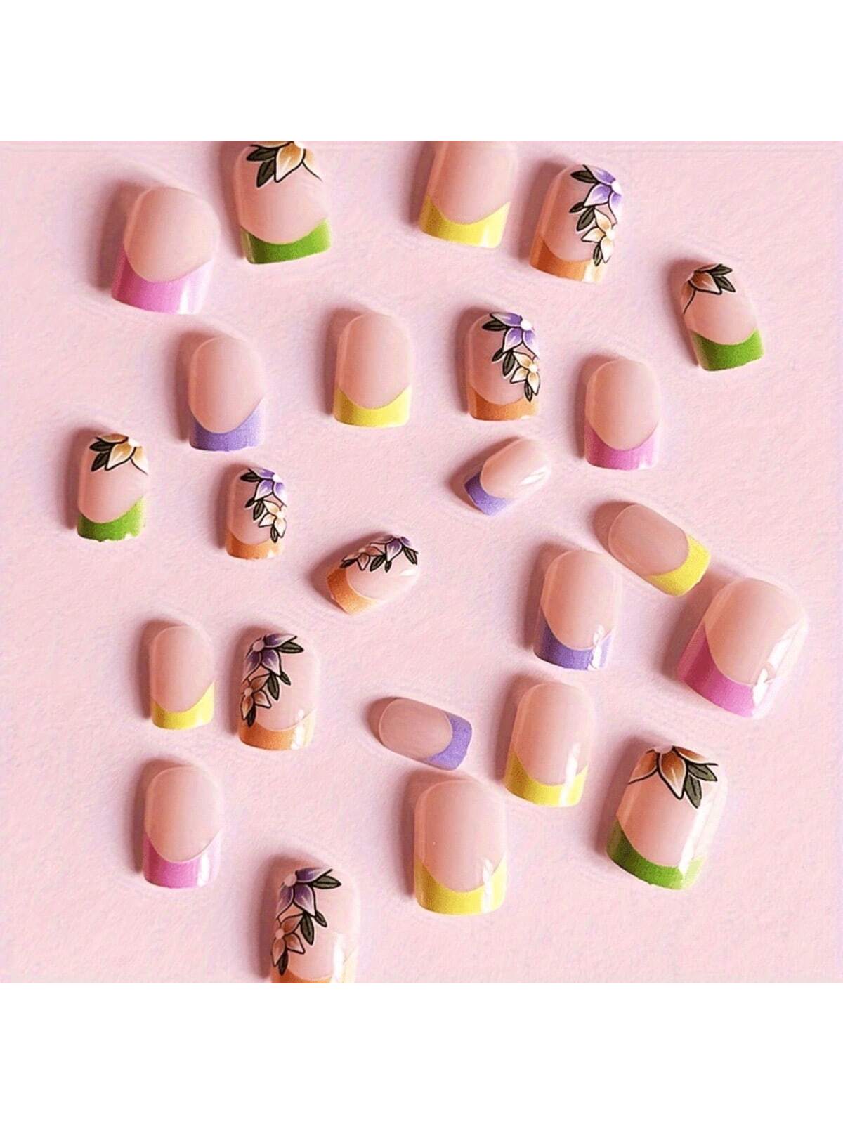 Colorful French Short Square Fake Nails - thumbnail 2