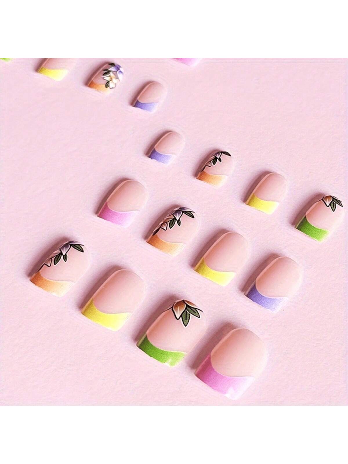 Colorful French Short Square Fake Nails - thumbnail 3