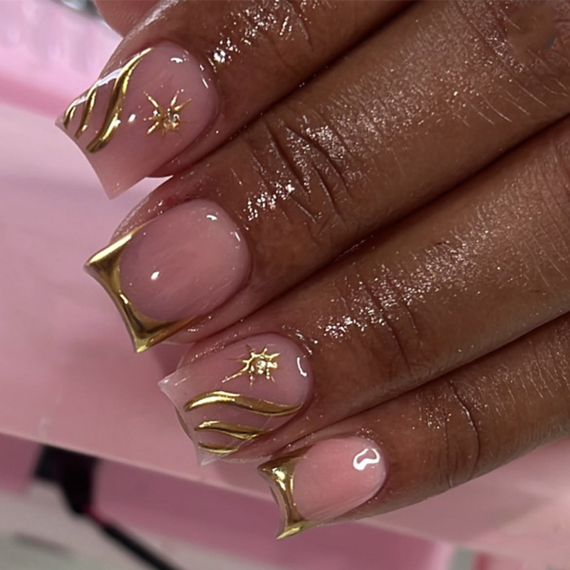 Pink Gold Swirl Rhinestone Press-On Nails - thumbnail 4