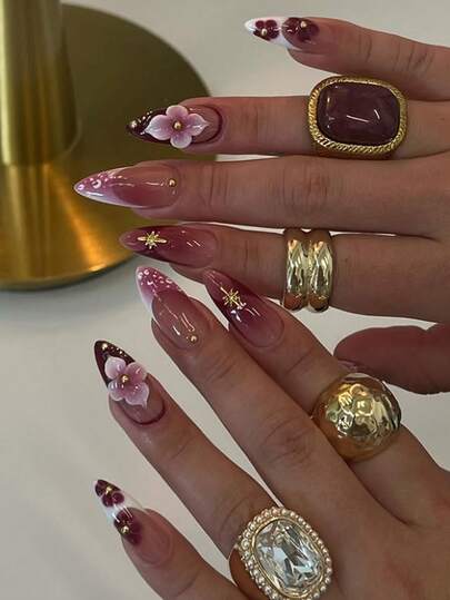Burgundy Gradient Star Floral Almond Nails - view 1
