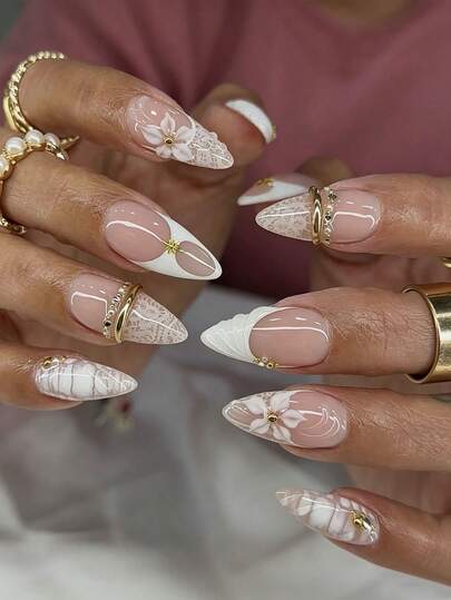 Crocodile Gold Foil Rhinestone Almond Nails - view 1