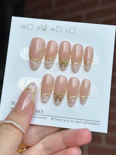 Gold Bow Pearl Spiral Long Press-On Nails - view 1
