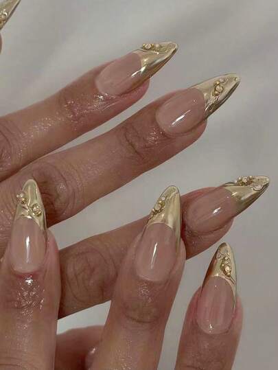 Gold Mirror Line Almond French Nails - view 1