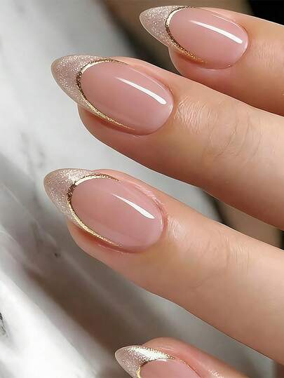 Gold Trim Cat Eye Almond French Nails - view 1
