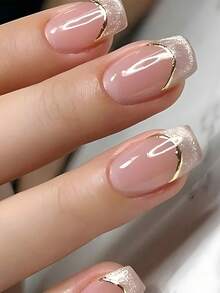 Icy Nude Gold-Line Short Square Nails - view 1