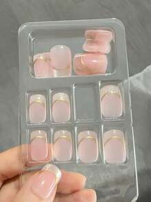 Icy Nude Gold-Line Short Square Nails - thumbnail 3