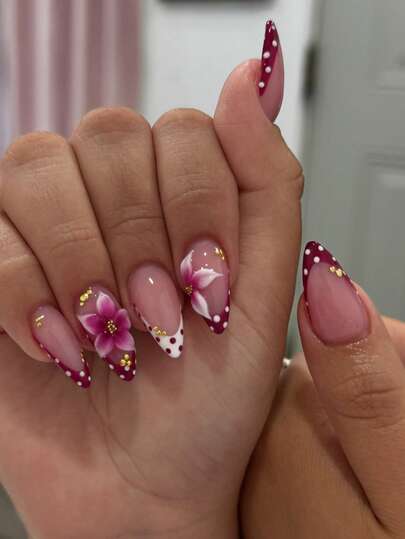 Nude Pink Polka Dot Flower Almond Nails - view 1