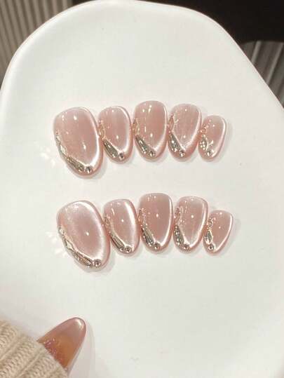 Pale Pink Rhinestone Cat Eye Short Nails - view 1