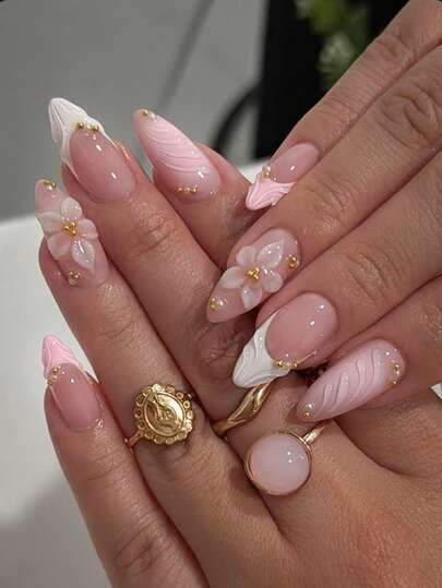 Pink 3D Flower Valentine Almond Nails - view 1