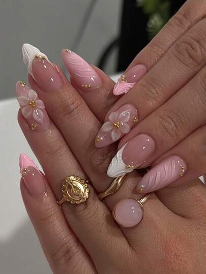 Pink White Ombre 3D Floral Almond Press-On Nails - view 1