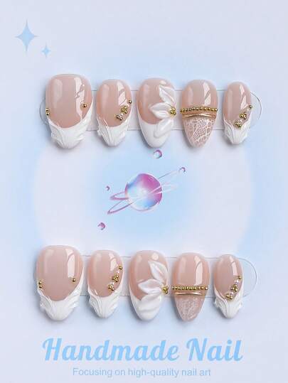 Short Almond White French 3D Press-On Nails - view 1