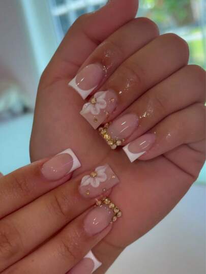Short Square Nude White Floral Rhinestone Nails - view 1