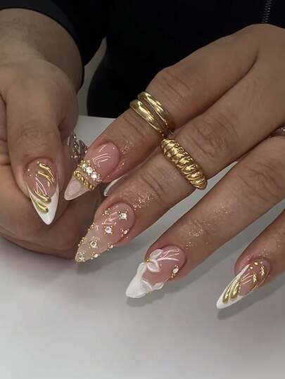White Floral Gold Bead Almond French Nails - view 1