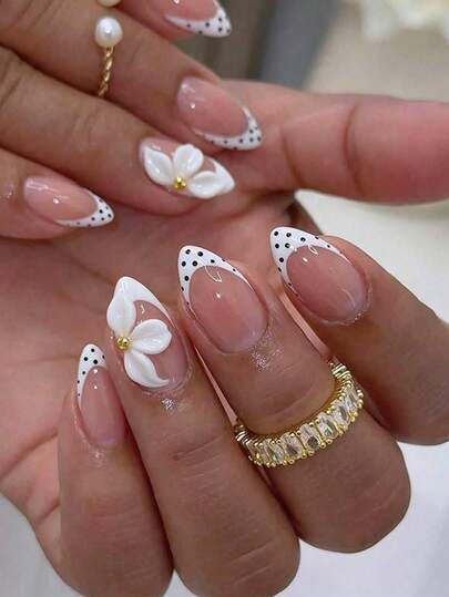 White Floral Gold Bead French Press-On Nails - view 1