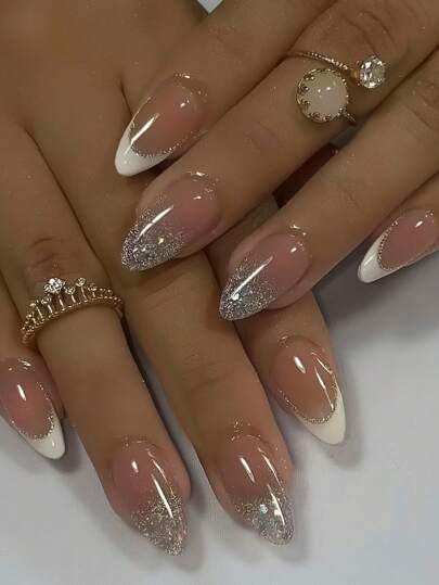 White Nude Glitter Almond French Nails - view 1
