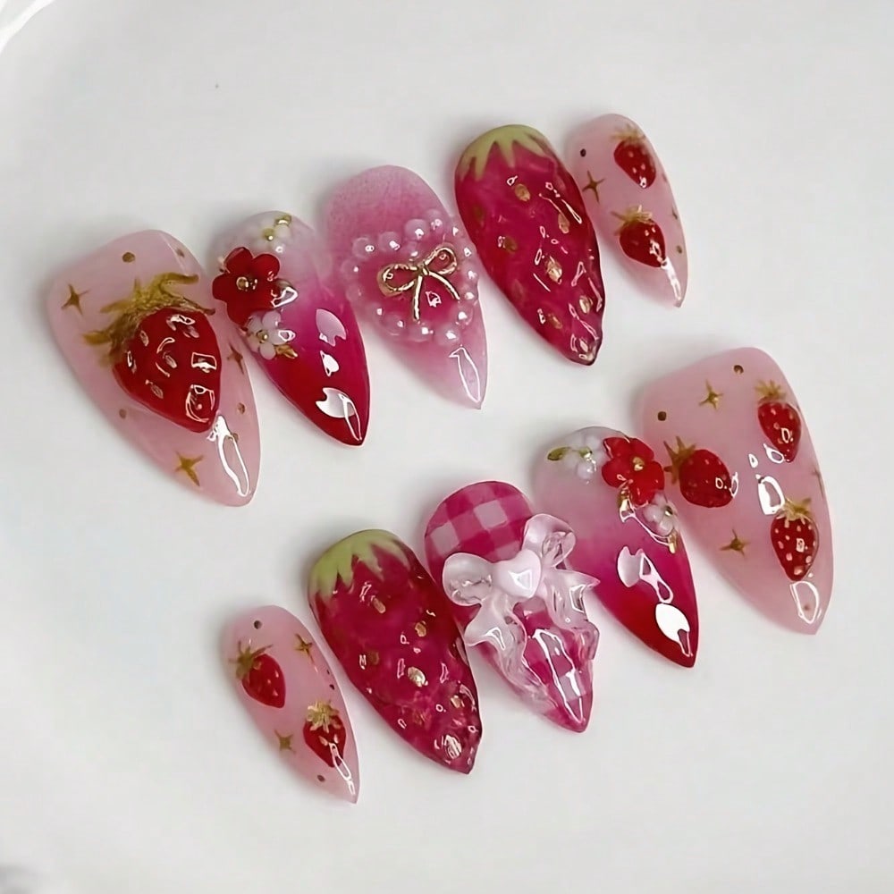 Strawberry Heart Almond Press-On Nails — Pink Edition