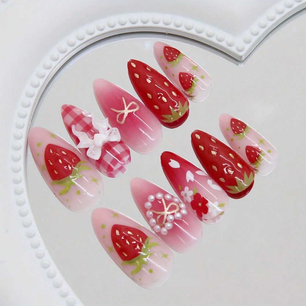 Strawberry Heart Almond Press-On Nails — Pink Edition - thumbnail 2