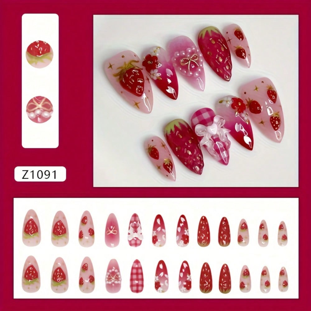Strawberry Heart Almond Press-On Nails — Pink Edition - thumbnail 3
