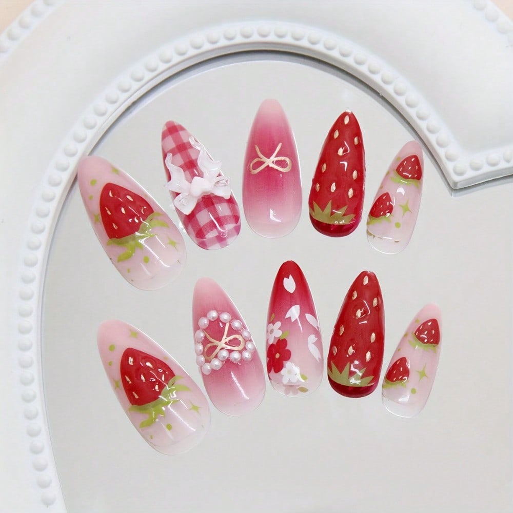 Strawberry Heart Almond Press-On Nails — Pink Edition - thumbnail 6